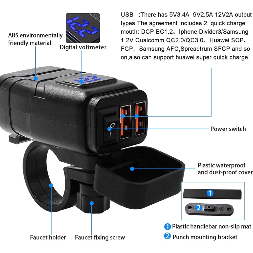 [Improved] TurnRaise Motorcycle USB Power Supply Waterproof Voltage Display Type-C+QC3.0 Quick Charging Port Motorcycle Voltmeter Motorcycle USB Power Supply DC12V-24V Power Supply Motorcycle Power Supply USB+PD (purple light)