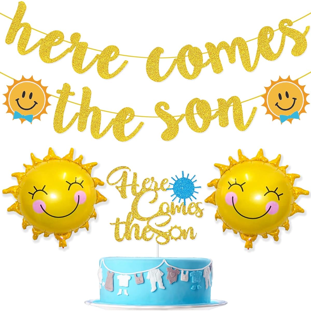 Here Comes the Son Banner Cake Topper Sunshine Balloons Boy Gold Glitter Baby Shower Decor Retro Boy Summer Boho Sunshine Theme 1st Birthday Party Decorations