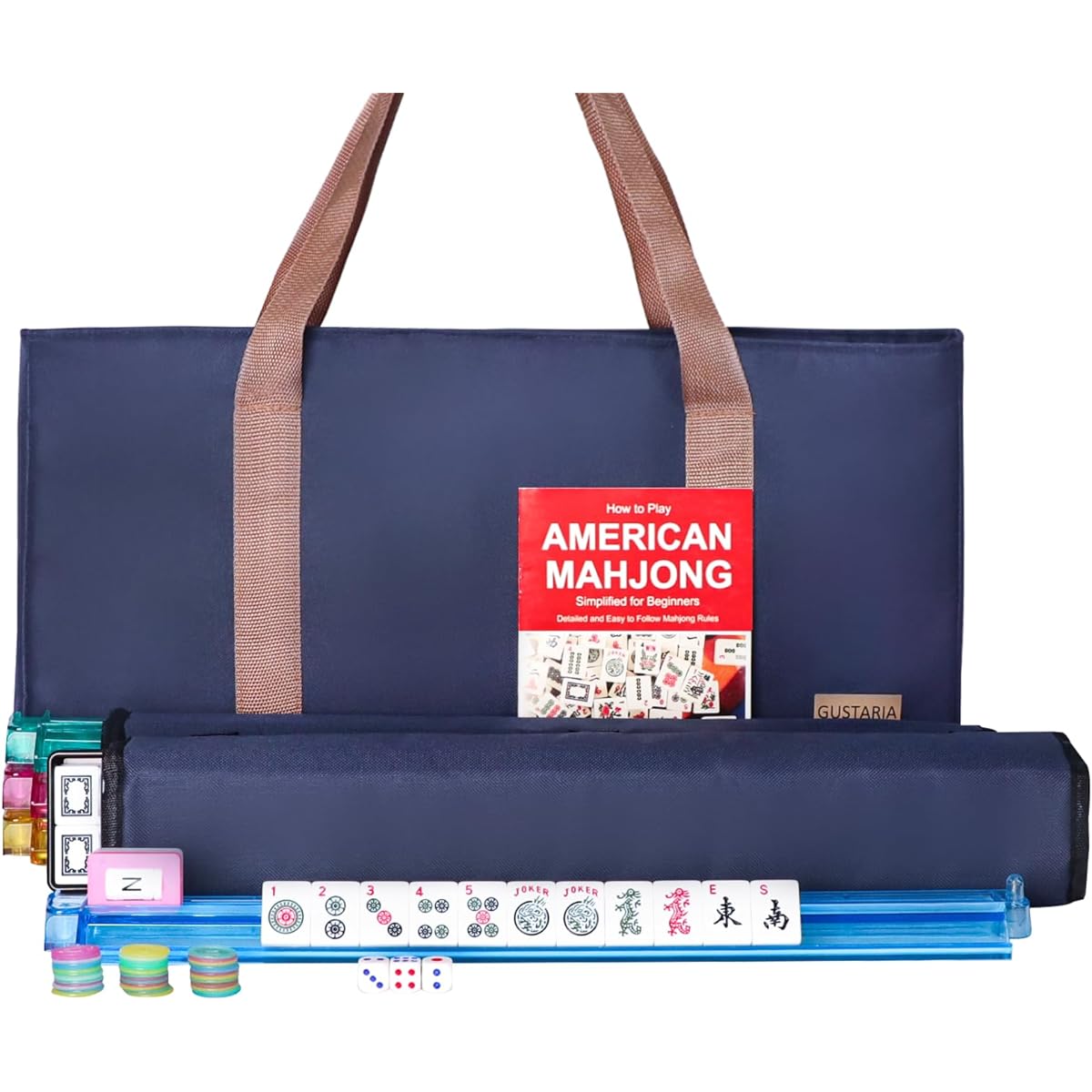 GUSTARIA American Mahjong Game Set, 166 Premium White Tiles, All-in-One Color Rack/Pusher, Complete Mahjong Set, Blue Carry Bag