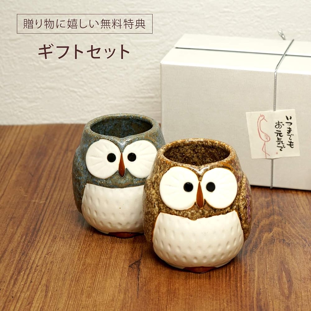 Kizamu Fukukuru Owl Owl Hot Water Cup Pair Gift Jiji Grandma (Gray x Brown)