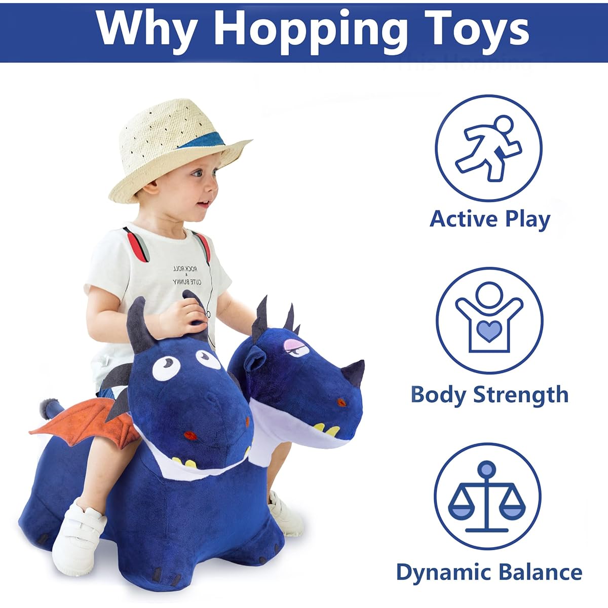 iPlay, iLearn Bouncy Pals Toddler Animal Hopper Toy for Kids, Plush Blue Hopping Horse Ride on Dragon with Pump, Indoor Outdoor Jumper, Birthday Gift for 18 24 Months 2 3 4 Years Old Boys Girls