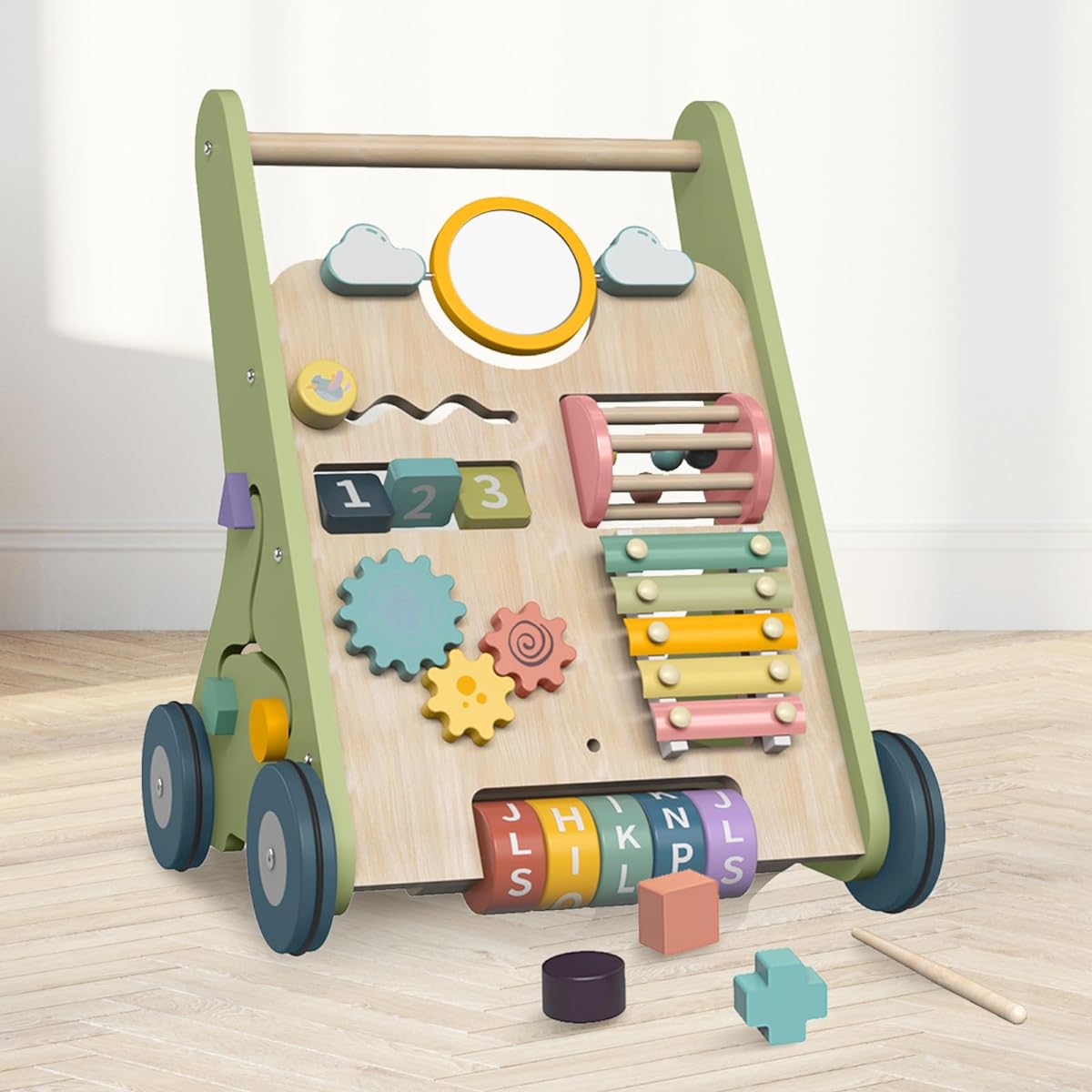 Wooden Baby Push Walker, Push and Pull Toddler Learning Walker for 12 Months + First Time Gift for Boys Girls Kids, Multiple Activity Center, Motor Skills Development, Creativity