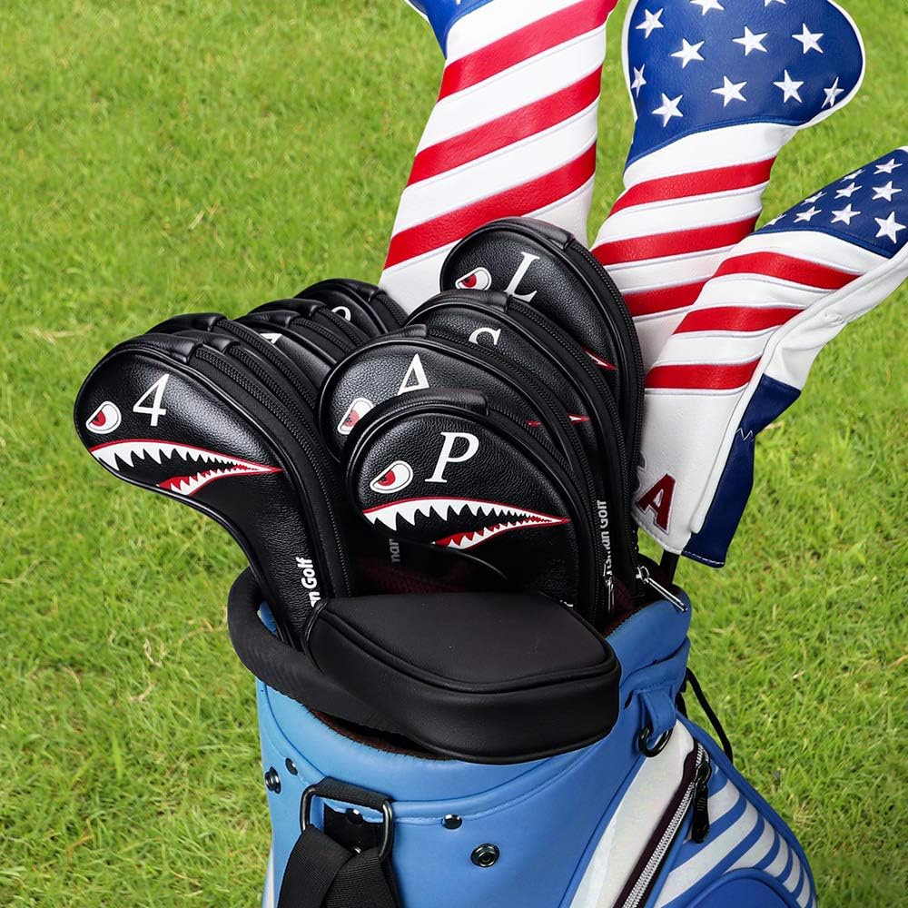 CRAFTSMAN Golf iron cover head cover set, 10 pieces, 4-9, P, A, S, L, numbers on both sides, for both left and right hands, shark pattern, long neck, fastener closure, synthetic leather, black