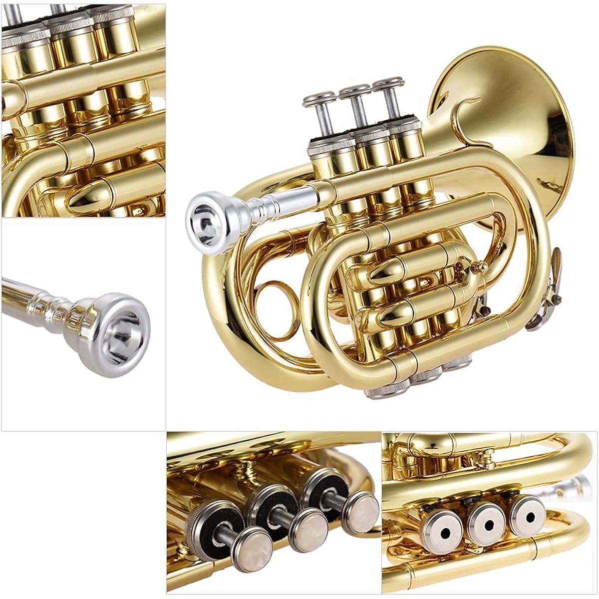 Juspins Mini Pocket Trumpet Bb Flat Brass Instrument with Mouthpiece Glove and Cleaning Cloth Carrying Case