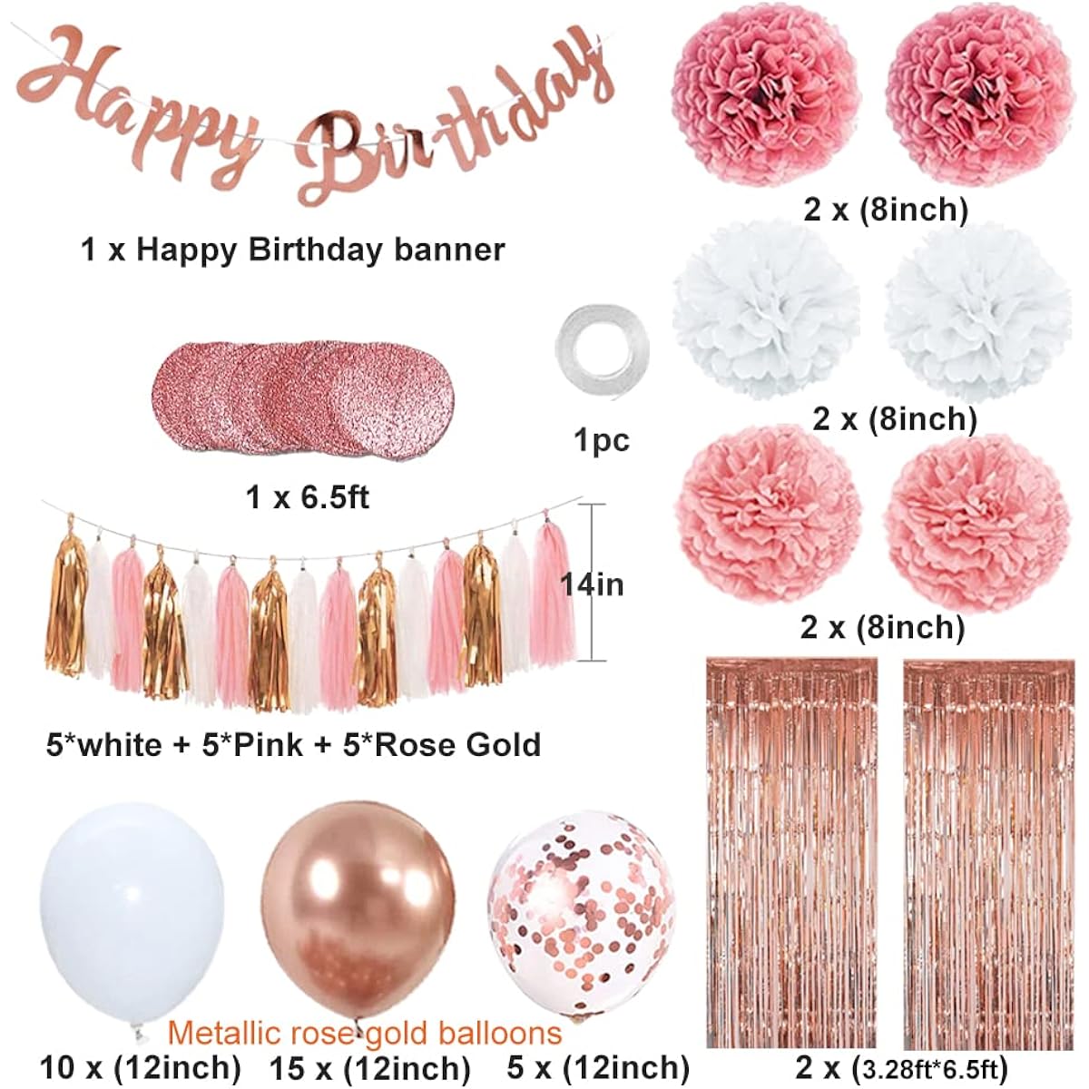 Rose Gold Pink Birthday Party Decorations Happy Birthday Banner Rose Gold Party Decorations for Women Paper Tassel Garland Circle Dot Garland for Women Girls Birthday Decorations