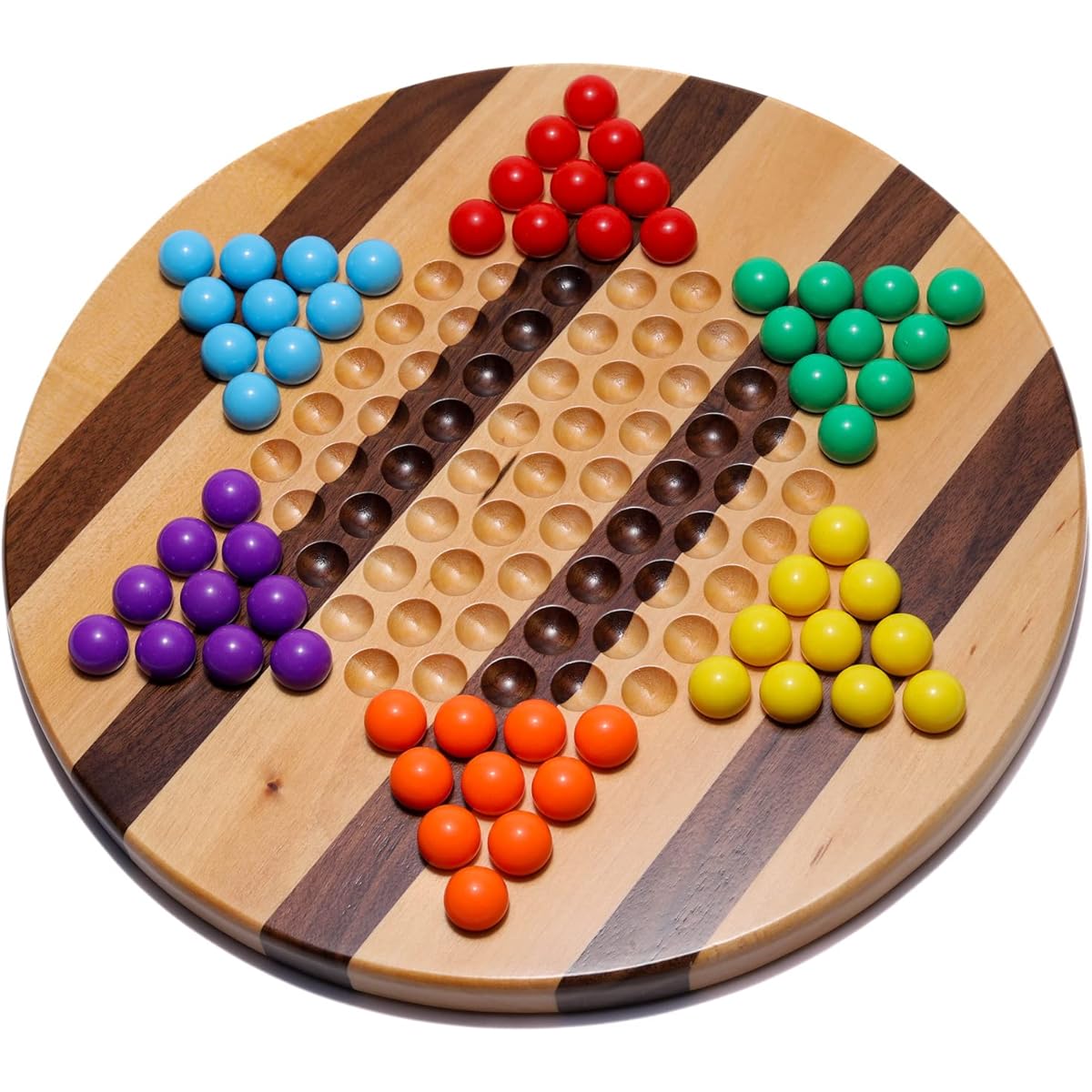 RNK Gaming Chinese Checkers 11.4" Striped Wooden Board Game with Marbles for Kids and Adults