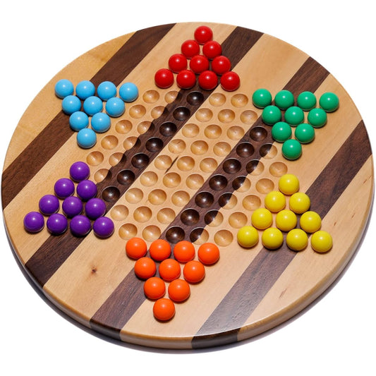RNK Gaming Chinese Checkers 11.4" Striped Wooden Board Game with Marbles for Kids and Adults