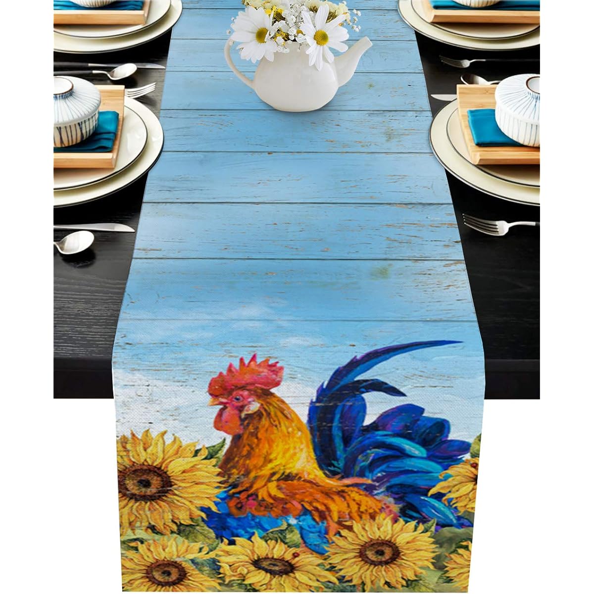 Ldtrchee Floral Rooster Sunflower Field Burlap Table Runner 120" Retro Wood Stripe Woodgrain Bed Runner Dresser Scarf for Tabletop Indoor Outdoor Party Ceremony 13" x 120"