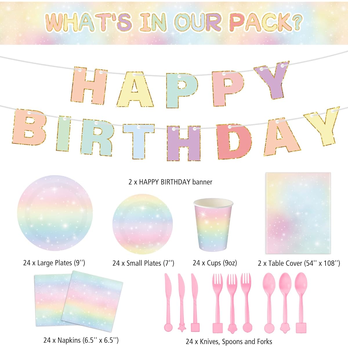 171pcs Boho Rainbow Birthday Party Supplies, Rainbow Tablecloth Cups Napkins Bohemian Plates Forks Cutlery Happy Birthday Banner Baby Shower Girls Birthday Party Decorations for 24 Guests