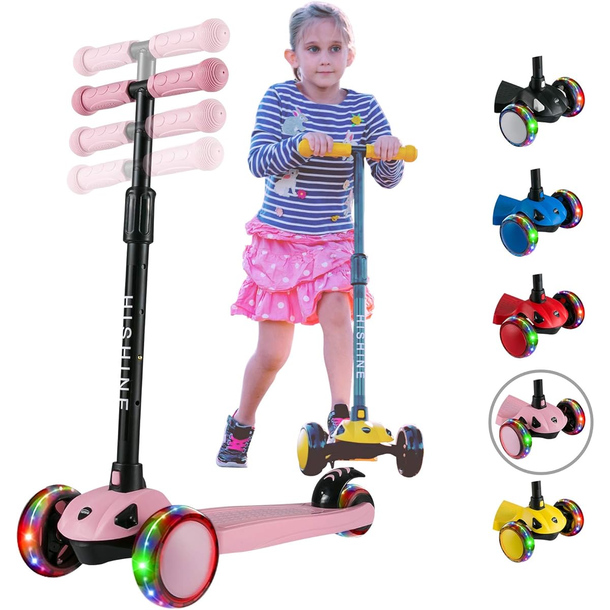 Hishine Kick Scooter for Kids with 3 Light Up Wheels and Adjustable Height for 2-7 Years Girls Boys Toddlers Kids 3 Wheel Scooter with Steering Wheel