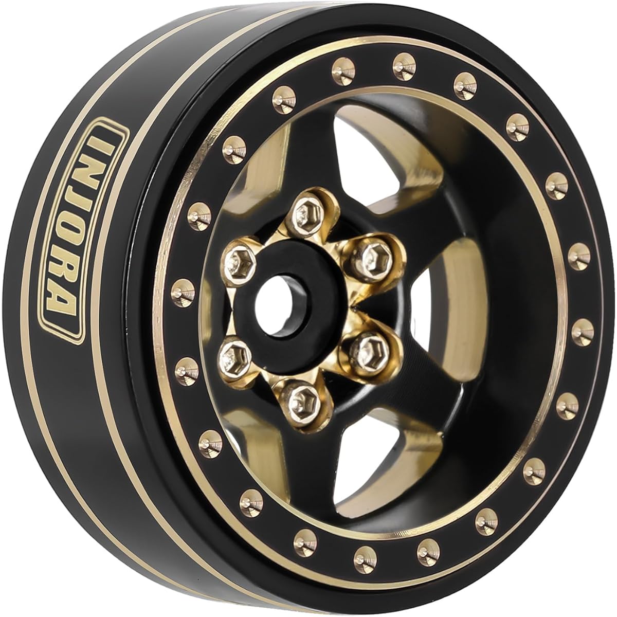 INJORA 1.0 Plus Brass Beadlock Wheel Rim 6 Spoke Wheel for TRX4M SCX24 FCX24 1/24 1/18 RC Crawler 42g/pc (Black & Gold)