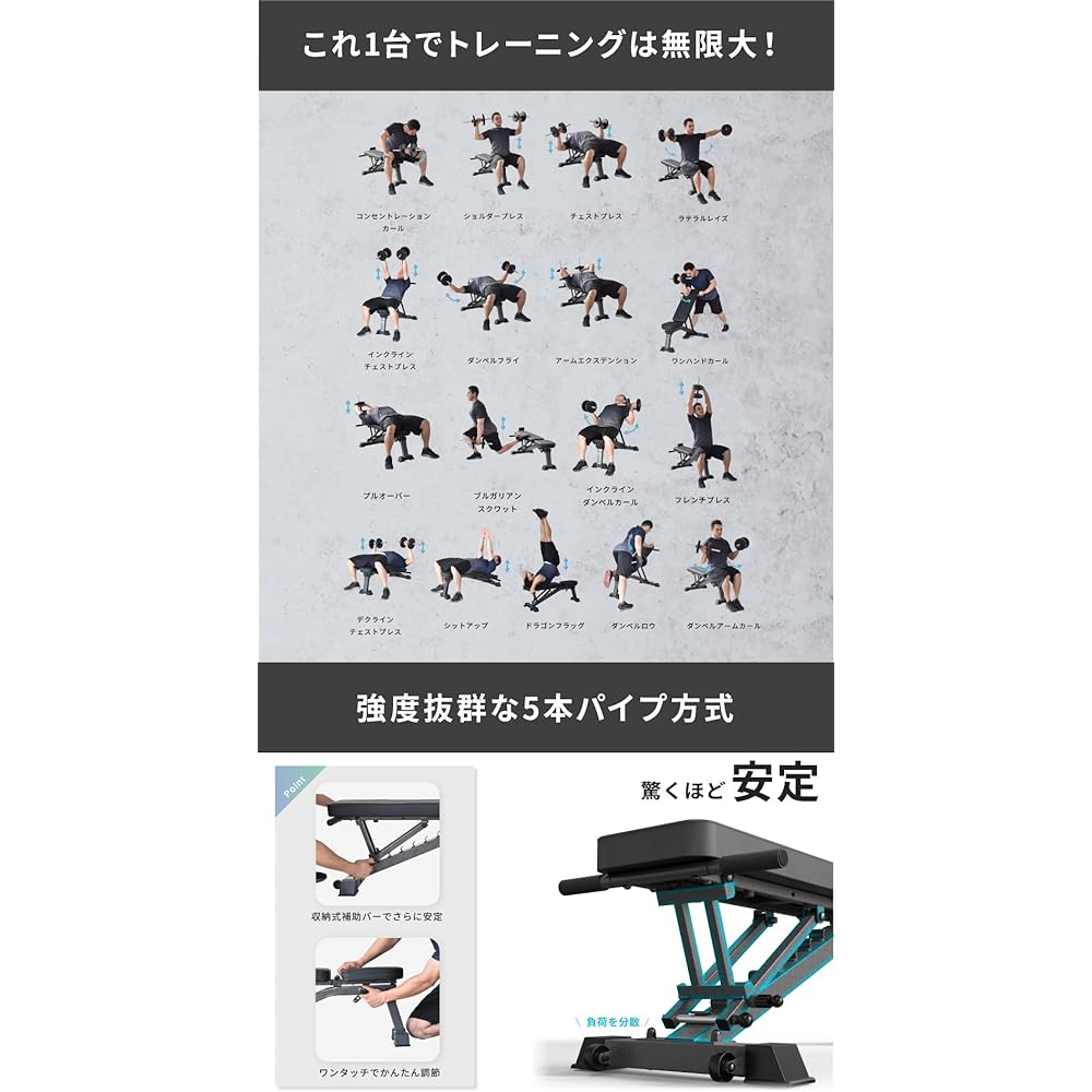 BARWING Training Bench, Incline Bench, Foldable Decline Bench, Flat Bench, Easy Angle Adjustment, Convenient Storage, Adjustable Bench Press, Muscle Training, Japanese Instruction Manual