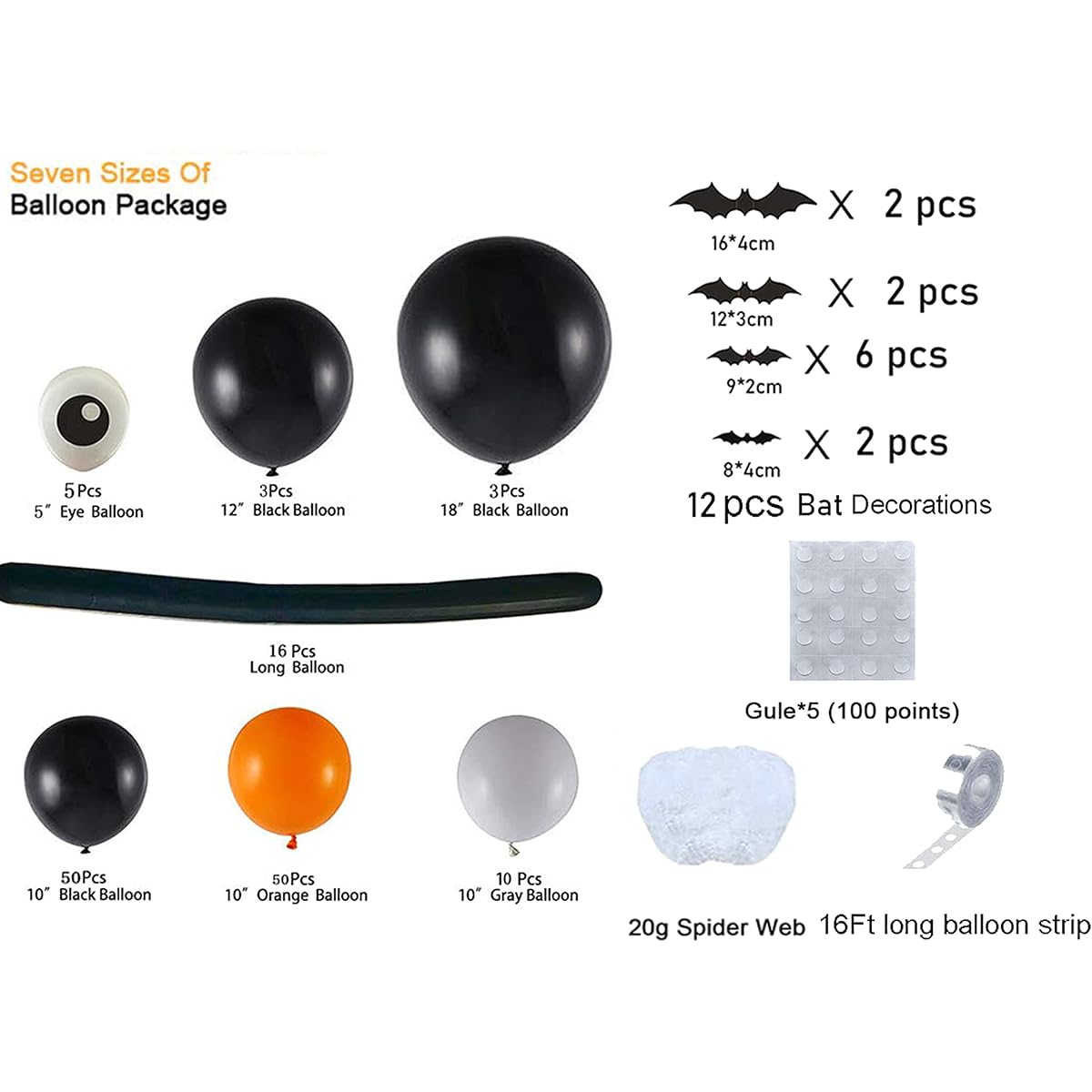 BONROPIN 203 Pieces Halloween Balloon Garland Arch Kit, Halloween Spider Web Bat Black Orange Grey Balloons Spider Balloons for Halloween Party Decorations