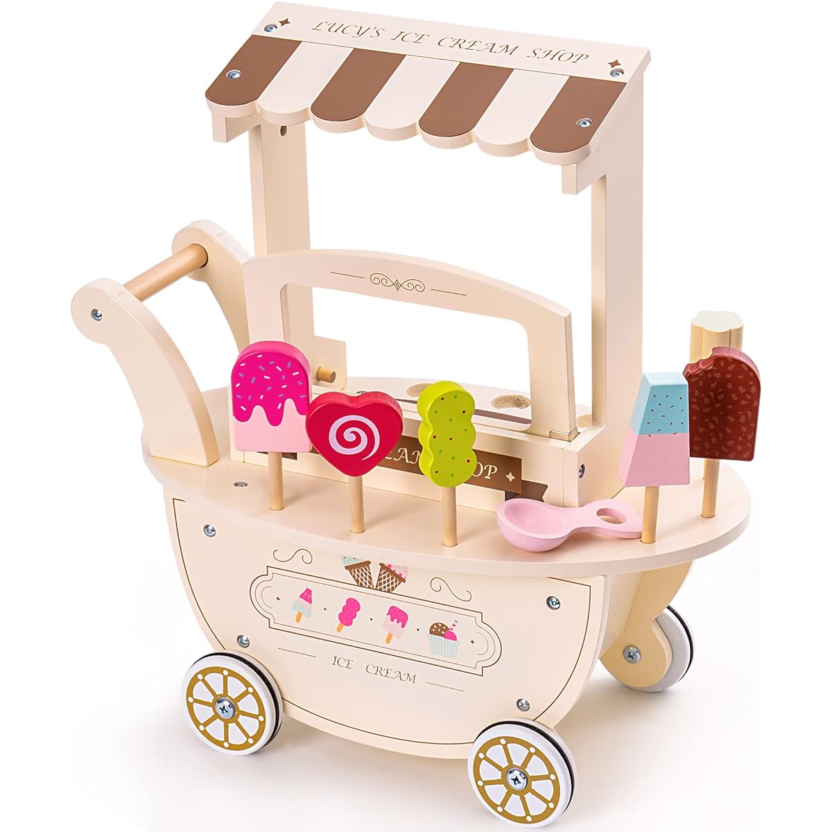 ROBUD Kids Ice Cream Cart Toddler Wooden Ice Cream Truck Food Toy for Boys Girls Ages 3+