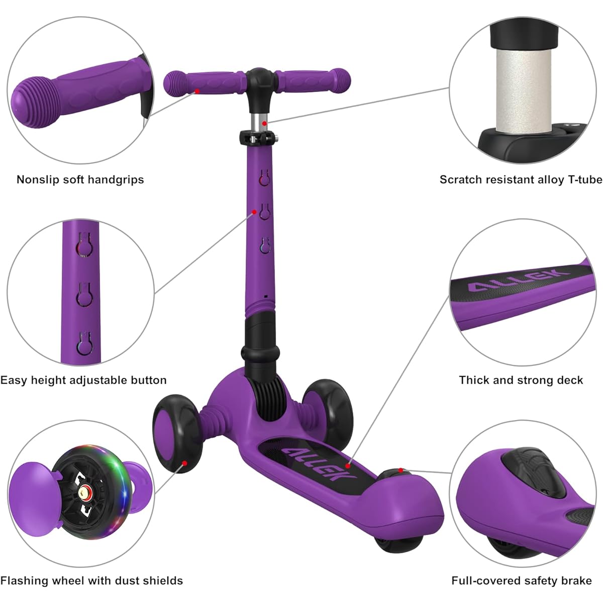 Allek Foldable Kick Scooter F02 3 Wheel LED Flashing Glider 4 Height Adjustable Anti-Slip Thick Deck Push Scooter for Kids 3-12 Years Old