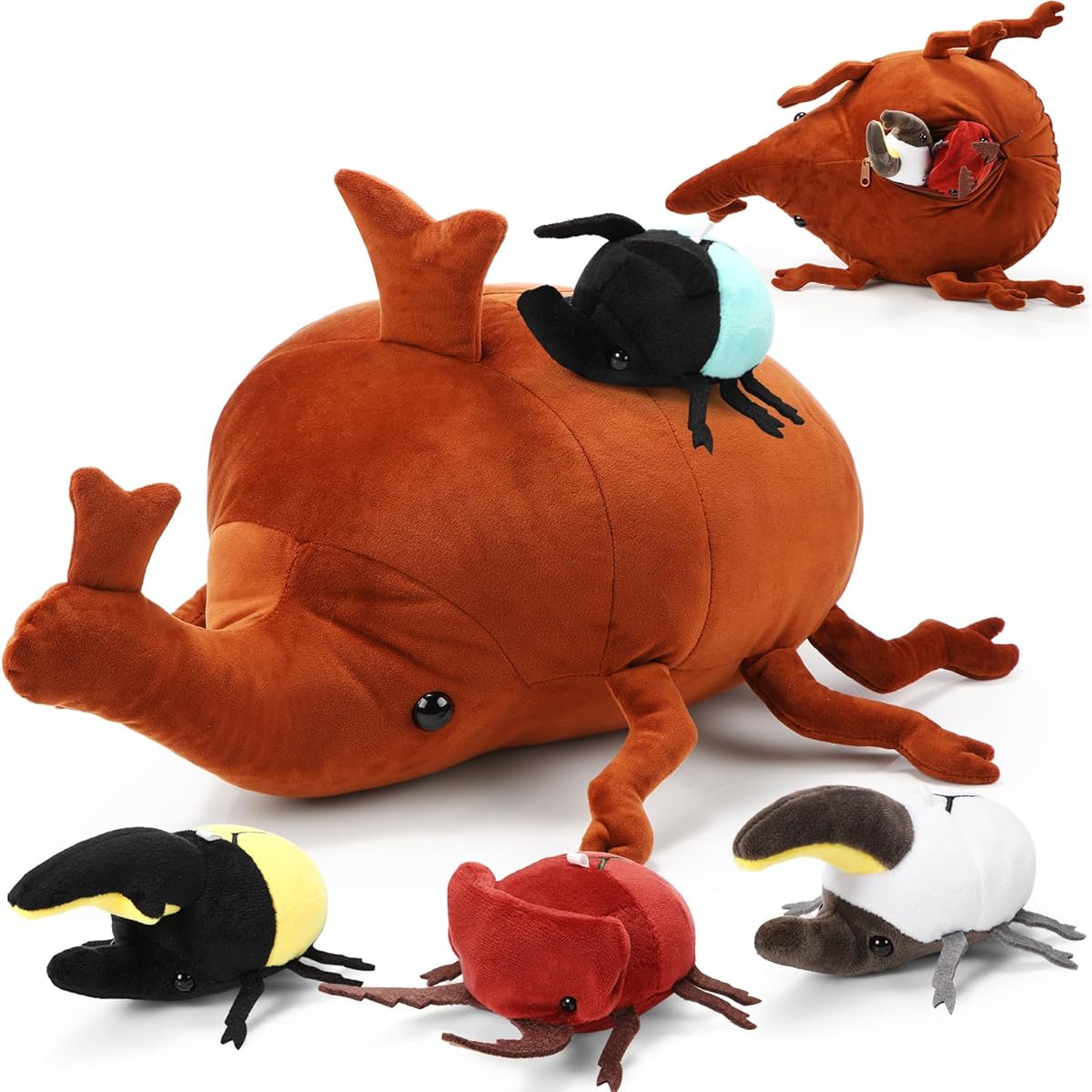 Meooeck 5 Pieces Rhinoceros Beetle Plush Toys, 18 Inch Large Simulation Rhinoceros Beetle Stuffed Animals, 4 Small Beetles with Zipper, Crustacean Stuffed Animals Insect Beetles for Boys Girls Birthday New Year Decoration Gift