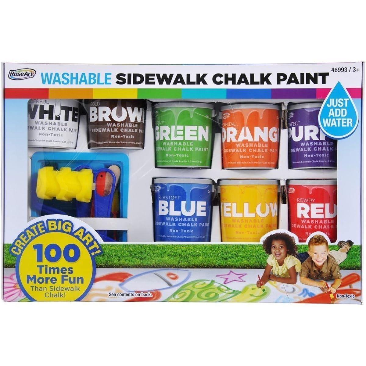 RoseArt Washable Sidewalk Chalk Paint, Big Super Set with 8 Colors & 2 Foam Brushes by Rose Art