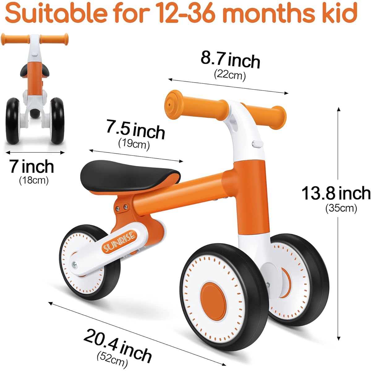 MESTUEL Baby Balance Bike 1-2 Years Old 3 Wheels Orange