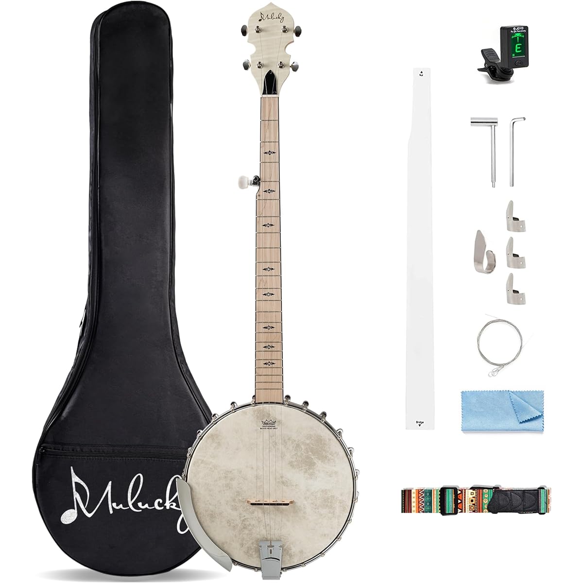 Mulucky 5 String Banjo, Full Size, with 24 Brackets, Open Back, Maple Banjo with Remo Head, 5th Tuner with Gears, Gift Package with Beginner Kit - MB1101