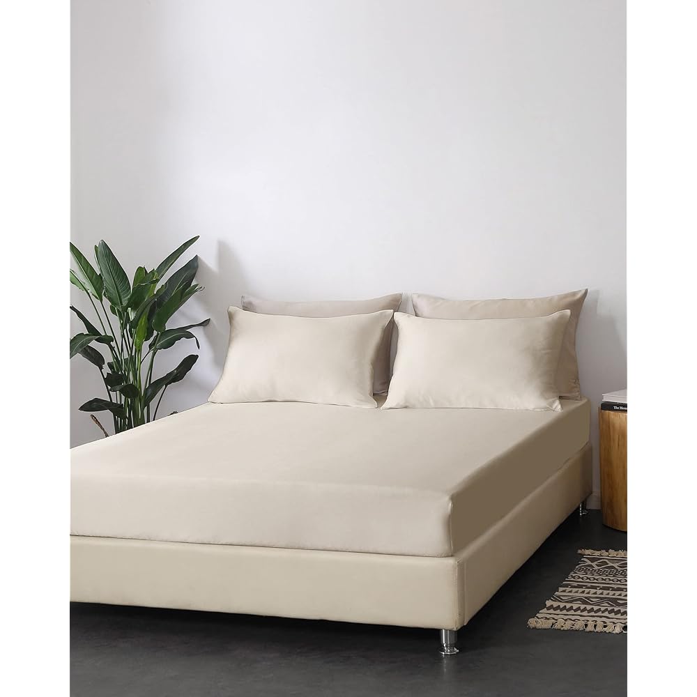 Yumeno Silk Silk Sheet Fitted Sheet Bed Sheet Queen 160 x 200cm Depth 25cm Mattress Cover Bedspread 100% Silk 19 Momme Silk Natural 6A Gloss Dust Mite Resistant Antibacterial Odor Resistant Washable Gentle Texture No Seams Easy to Put On and Take Off Pla