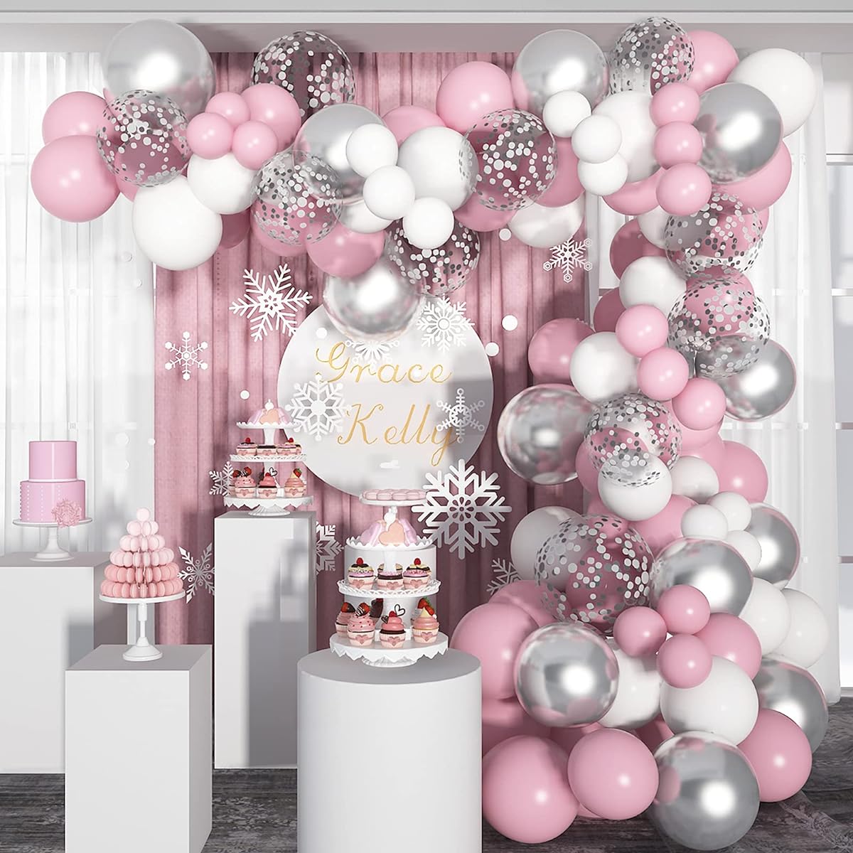 Soonlyn Pink Balloon Garland Kit, 120pcs 12" Pink Silver Metallic Balloons, White Latex Balloons Arch Kit for Baby Shower Decorations, Girls Birthday Party, Bridal Shower, Wedding