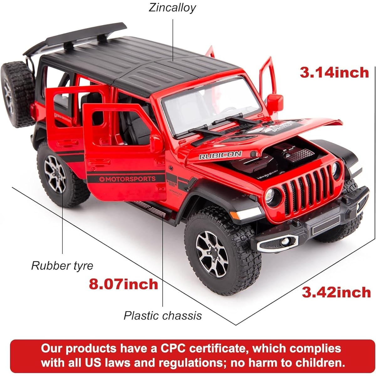 BDTCTK Off-Road 7 Door Wrangler Diecast Toy Car Model 1/22 Scale Metal Alloy Vehicle for Kids Boys Girls Adults with Opening Doors, Lights and Sounds Gift Red