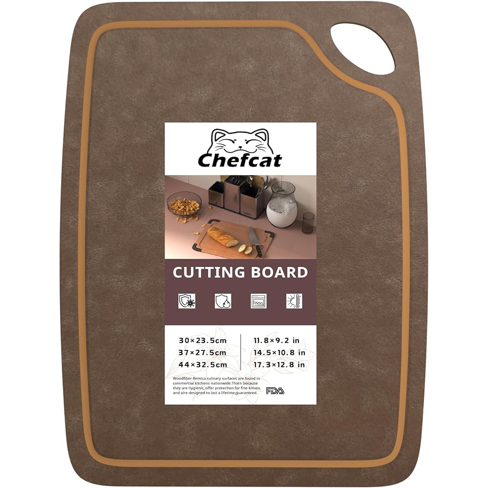 ChefCat Wooden Cutting Board, Pine Fiber, Dishwasher Safe, High Heat Resistance, Antibacterial, Thin, Silicone Non-Slip, High Density Impermeable, Housewarming, Outdoor Suitable, Making Sushi, Cutting Fruits (Fox Color, L)