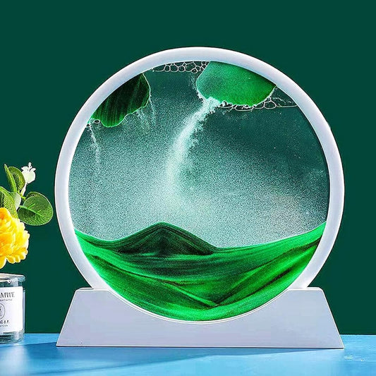 XIYUAN Moving Sand Art Picture Decoration, 3D Deep Sea Sand Scenery Liquid Motion Flow Sand Painting, Sand Relaxation Framed Art Painting, Round Glass Craft Moving Sand Desktop Art Decor Toys(Green-7inch)