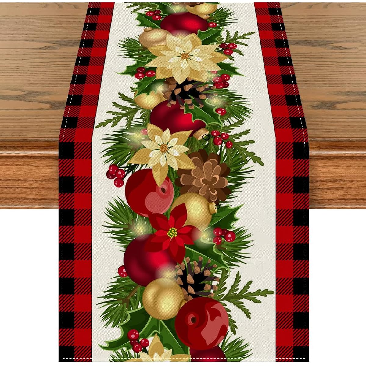 BARTHKIT Red and Black Buffalo Check Plaid Christmas Table Runner Christmas Ball Holly Table Runner 72 Inch Seasonal Winter Holiday Farmhouse Table Decoration Party Kitchen Dining Table Home Decoration