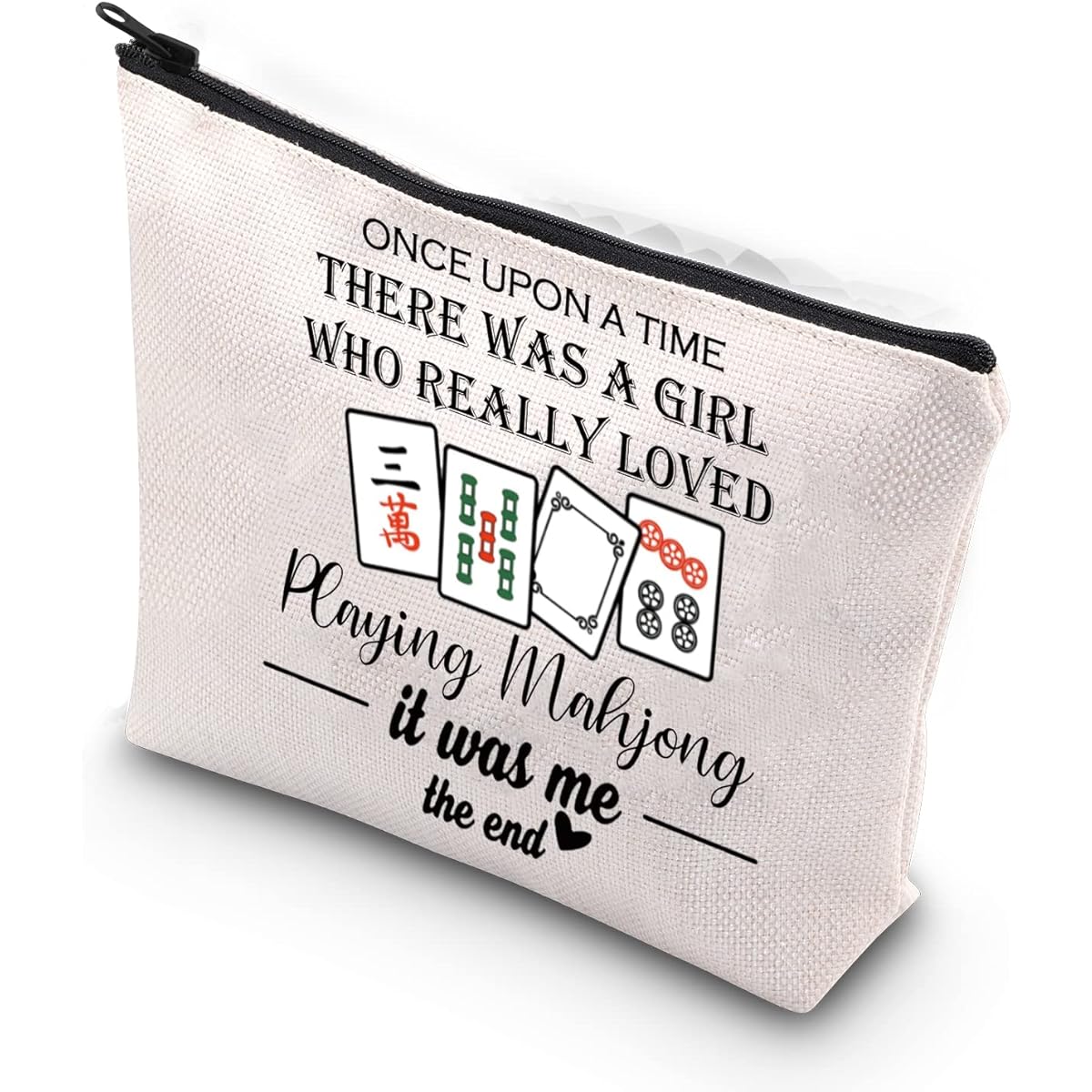 Mahjong Gift "There Was A Girl Who Really Loved Who Really Loved Mahjong" Zipper Pouch Makeup Bag for Mahjong Lovers, Beige, Upon Time Mahjong