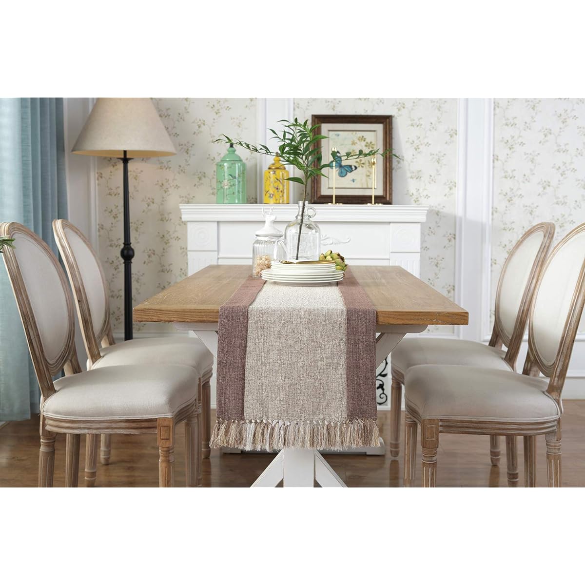 15" x 72" Farmhouse Style Linen Table Runner, Handmade Fringed Rustic Burlap Wide Table Runner, 72" Long, Dining Room Dresser Decor, Beige