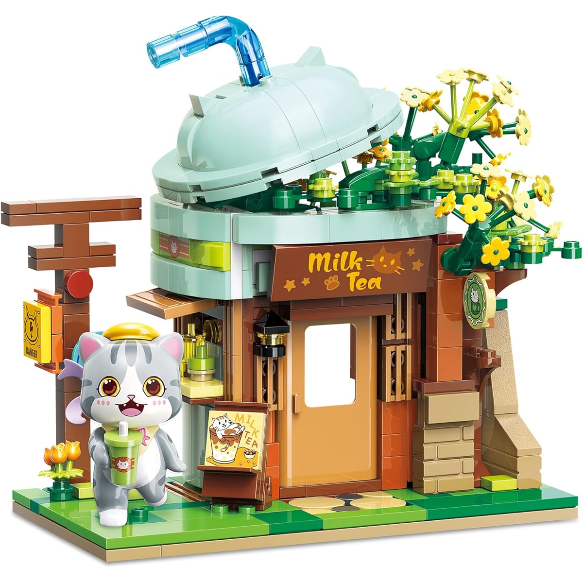 TOY PLAYER Cat Milk Tea Shop Building Set, Friends House, Creative Cute Building Kit, Lovely Cat, City Corner Building Blocks Toy, Best Gift for Kids Ages 6+