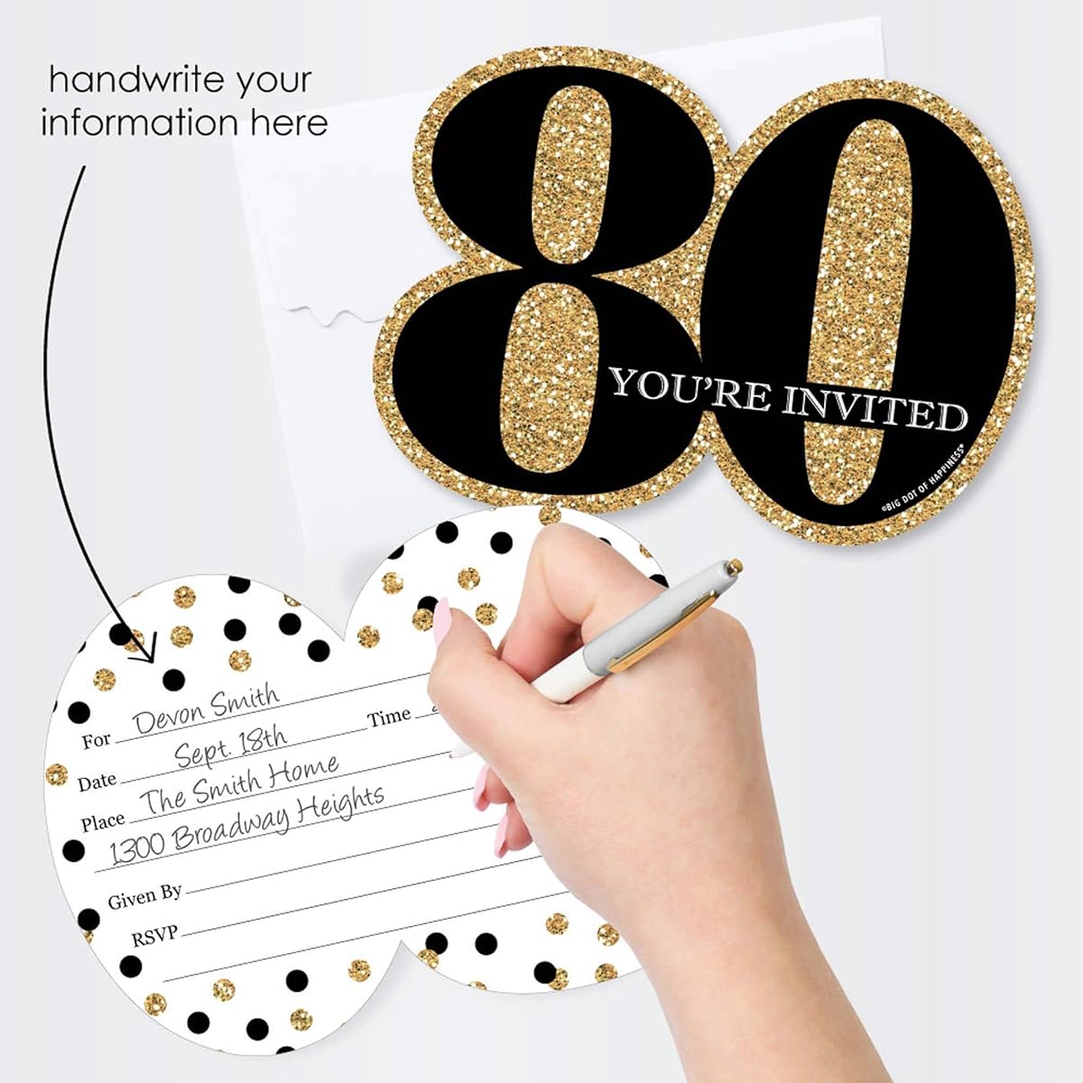 Adult 80th Birthday - Gold - Vintage Fill-in Invitations - Birthday Party Invite Cards with Envelopes - Set of 12