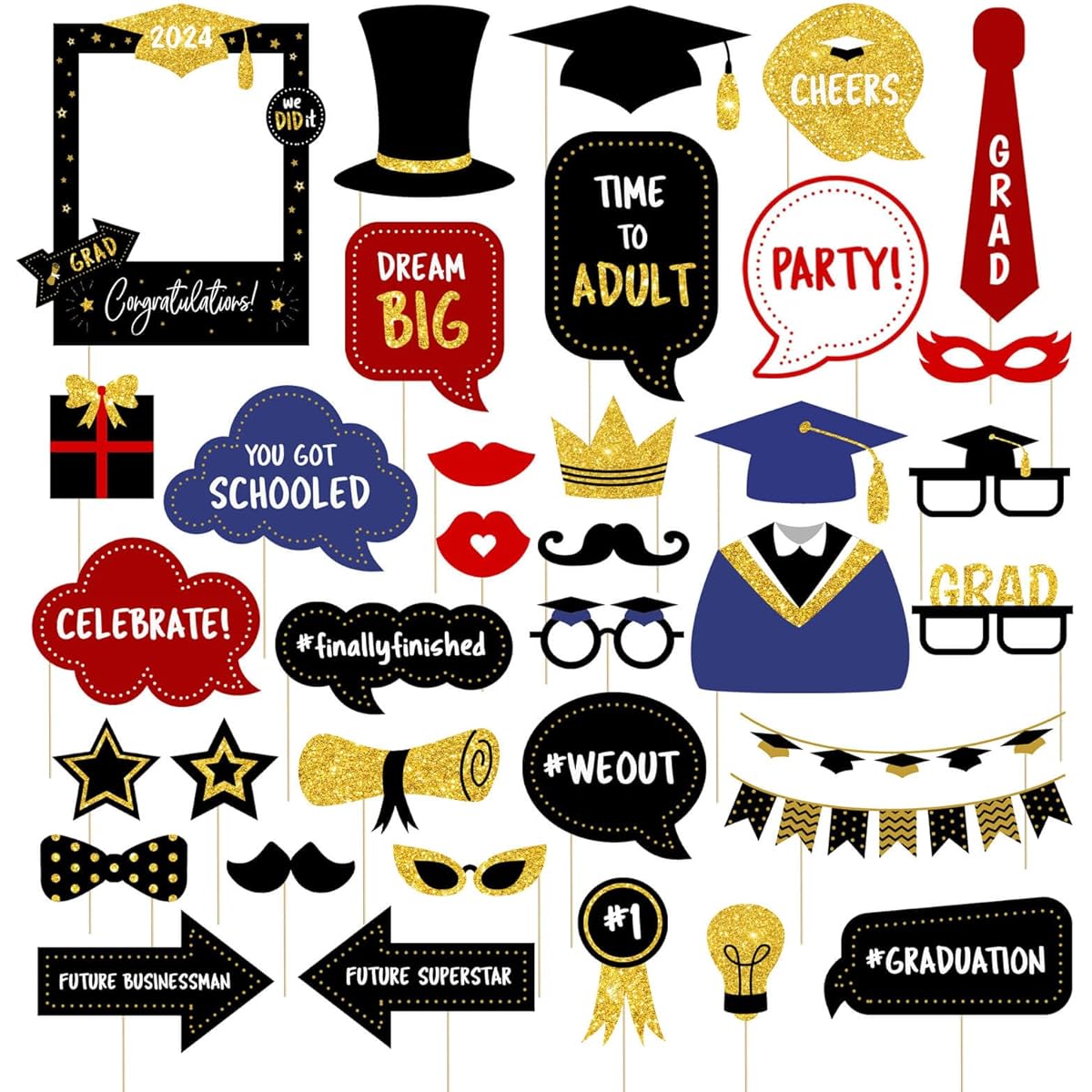 Graduation Photo Booth Props 2024 Graduation Decorations 2024 Graduation Party Supplies for College High School - Real Glitter