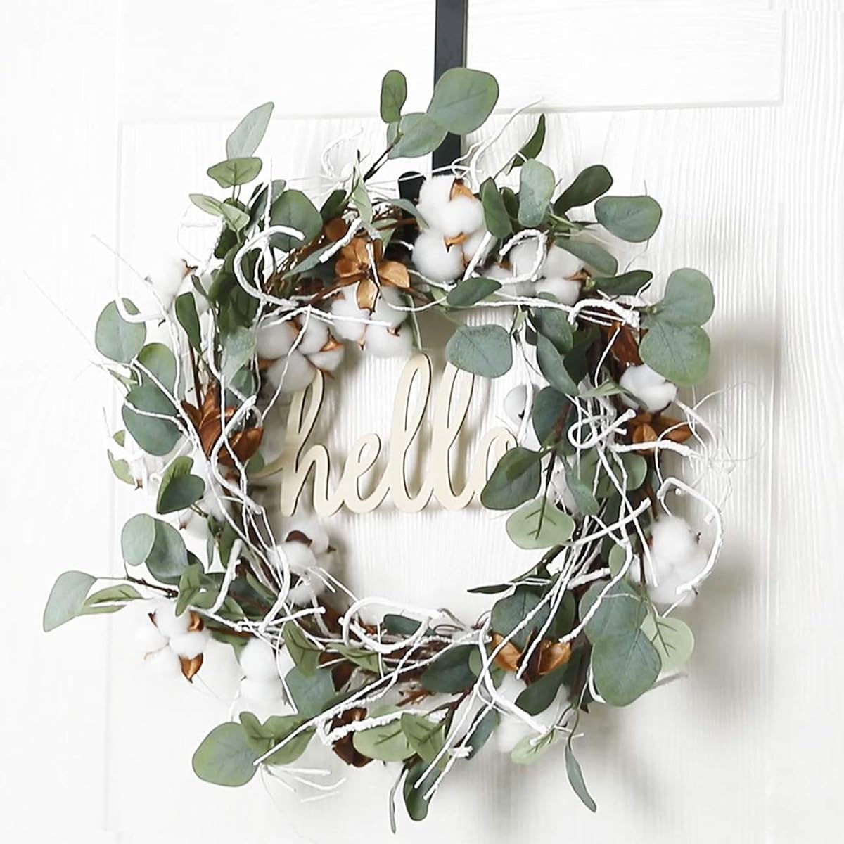 QUNWREATH Cotton Wreath for Front Door Winter Wreath 20 Inch Eucalyptus Wreath Farmhouse Wreath Grape Vine Wreath
