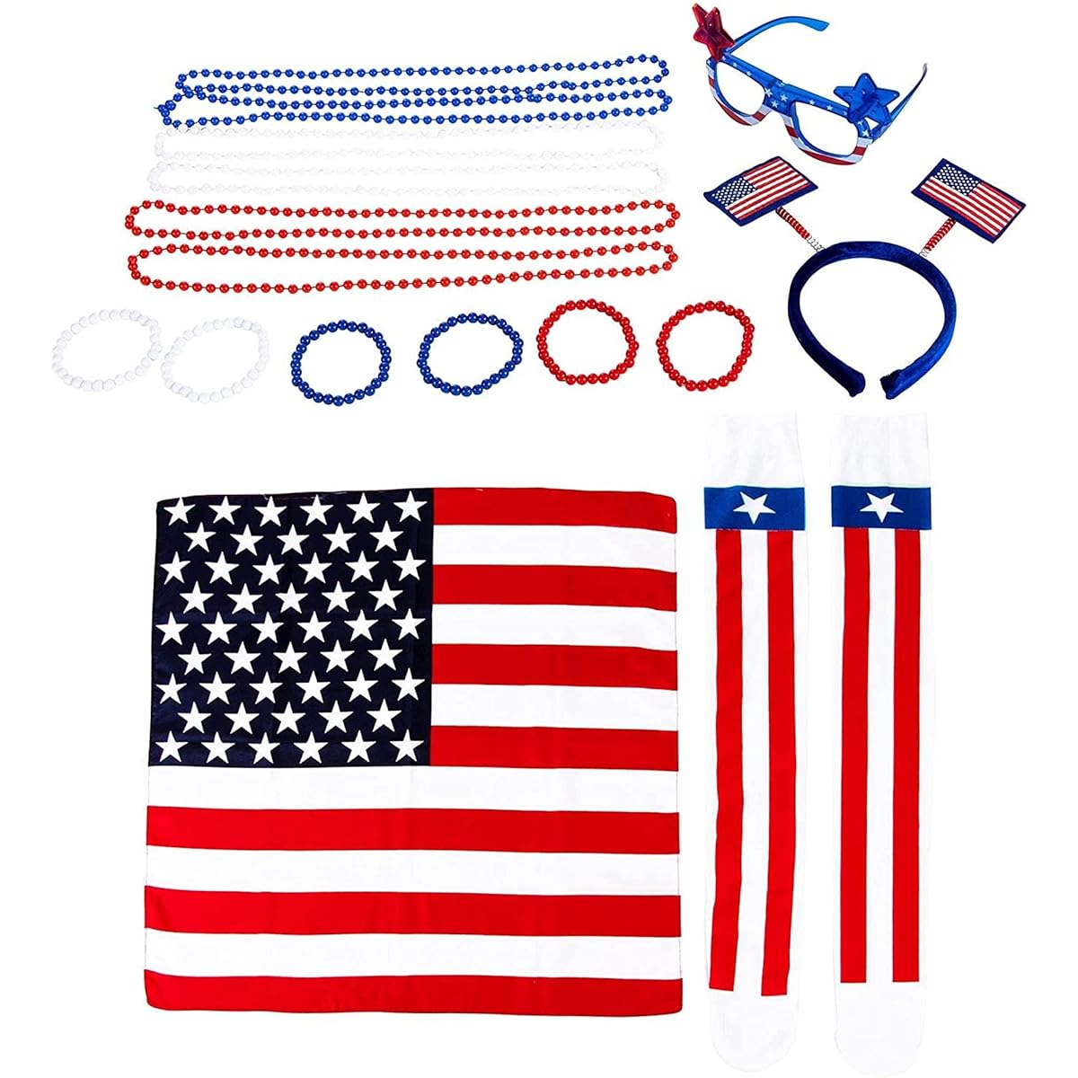 BLUE PANDA 4th of July Party Favors - Sunglasses, Headbands, Beaded Necklaces, Bracelets, Socks, Bandanas (16 Pieces)