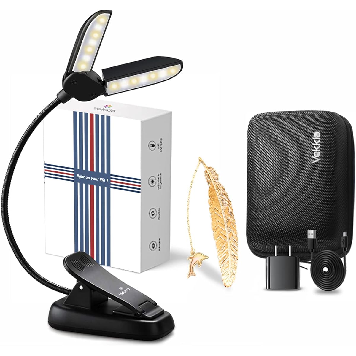 Vekkia 14 LED Book Light with Bookmark & Charger & Travel Case, Cover Both Page, Warm/White Reading Light with Clamp, Lightweight Eye Care Book Light, Perfect for Book Lovers