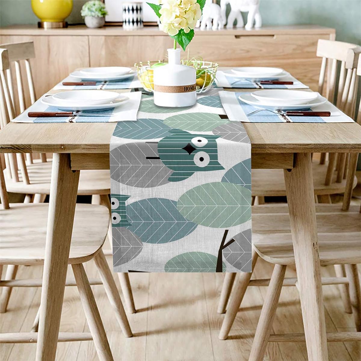 Vandarllin Cotton Linen Table Runner Dresser Scarf Cartoon Leaves Owl Animal Non-Slip Burlap Rectangular Table Setting Decoration for Wedding Party Holiday Dinner Home Green 13x70inch=33x178cm CYM-VDL20200108ZJZQSWHH02324ZQDAFPD