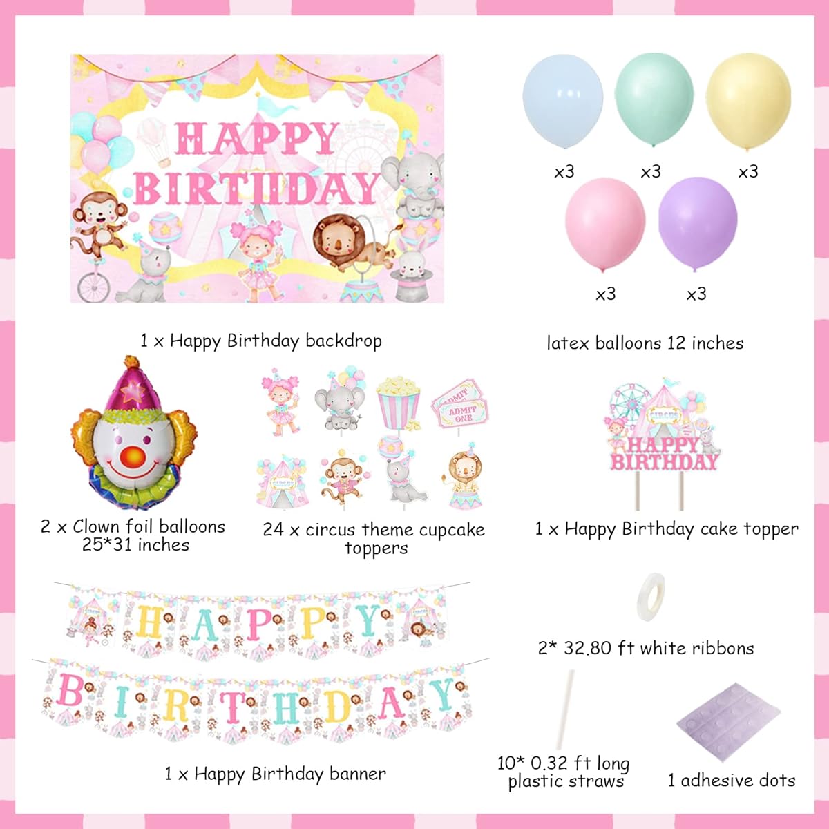 Circus Birthday Party Decorations in Pink - Pastel Circus Happy Birthday Backdrop Banner Cake Decorations Balloons Carnival Circus Birthday Party Decorations for 1st 2nd 3rd 4th 5th Year Old Girls