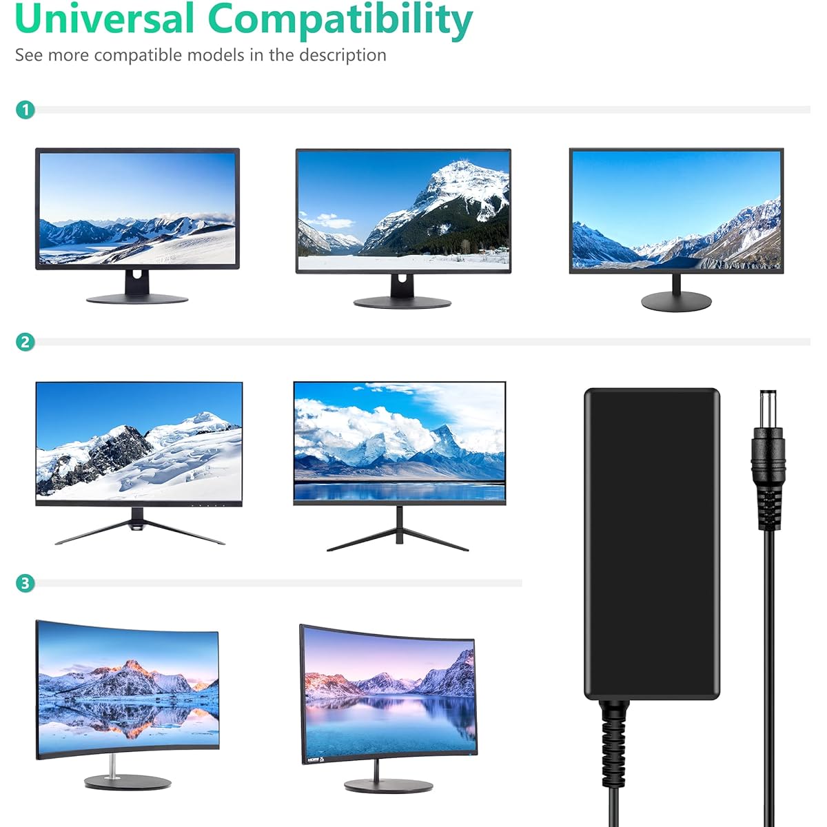 FITE ON 12V AC Adapter Replacement Sceptre Monitor 32" 30" 27" 24" 22" 20" 19" 15" E248W-19203R E22 E248W E248W E225W E205W E205W E205W 75W Screen LED -it & Supersonic Monitor Power Cord Charger
