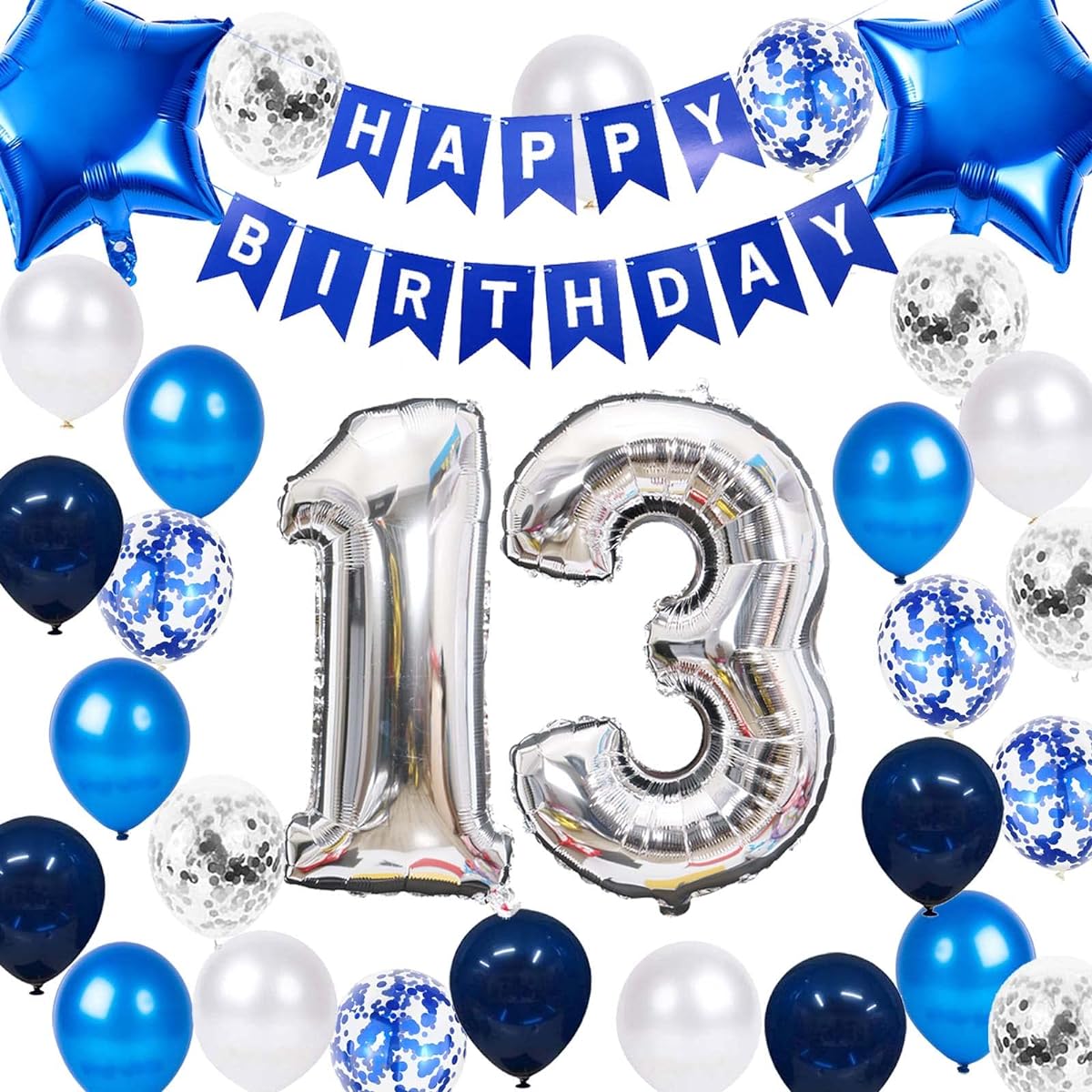 13th Birthday Party Decorations for Boys, Happy Birthday Banner, Blue Number 13 Birthday Balloons, 13th Birthday Latex Confetti Balloons, 13 Years Old Teenager Boy Son 13th Birthday Supplies (13 Years Old)