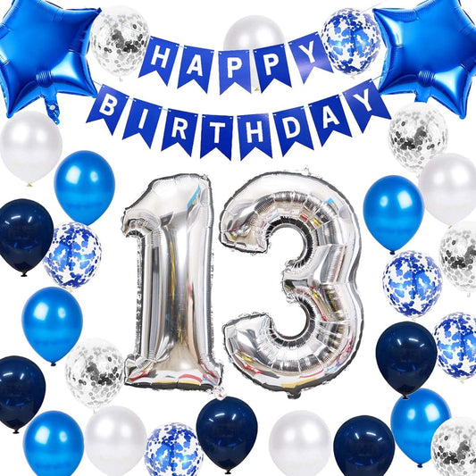 13th Birthday Party Decorations for Boys, Happy Birthday Banner, Blue Number 13 Birthday Balloons, 13th Birthday Latex Confetti Balloons, 13 Years Old Teenager Boy Son 13th Birthday Supplies (13 Years Old)