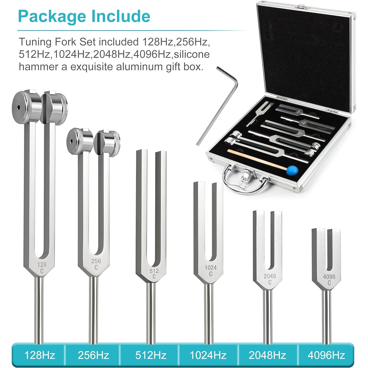 The7boX Tuning Fork Sound Healing Therapy Tool Set of 6 128HZ, 256HZ, 512HZ, 1024HZ, 2048HZ, 4096HZ Aluminum Alloy Tuning Fork Chakra Set for Sound Therapy Weighted Tuning Fork Perfect for Meditation