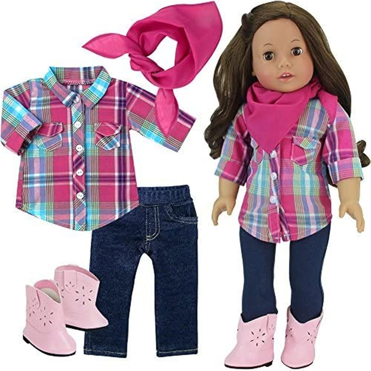 Sophia's 4-Piece Set - Checkered Button-Up Blouse, Denim Jeggings with Pockets, Pink Bandana, and Pink Cowgirl Boots - Multicolor - for 18" Dolls
