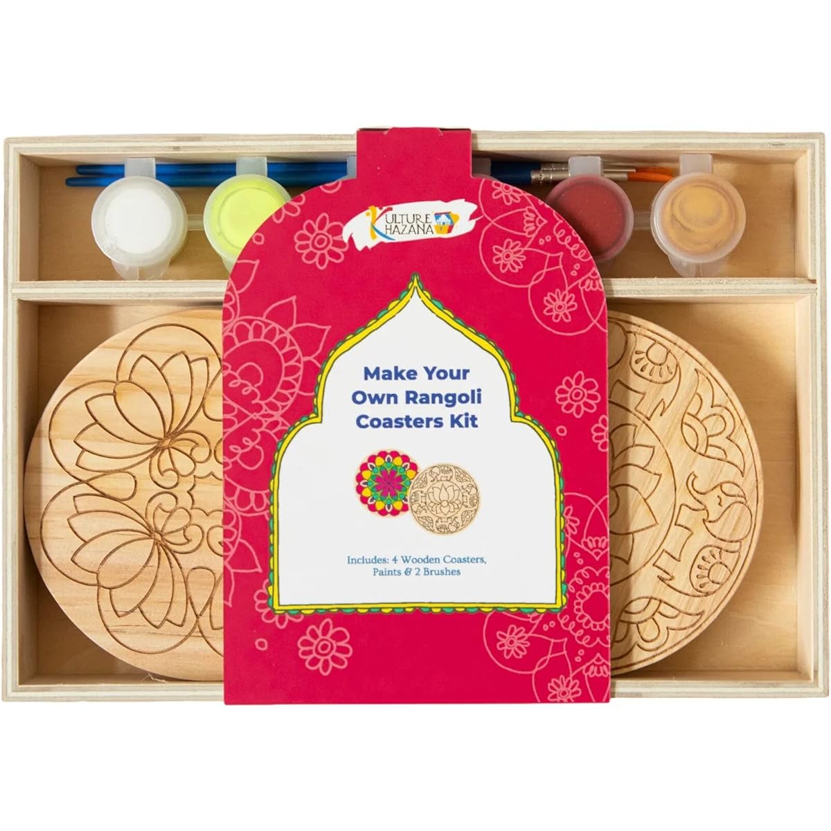 Make Your Own Rangoli Coaster Kit - 4 Wooden Coasters + Paint + Brush | Perfect for Diwali Gifts, Activities, Parties and Decorations
