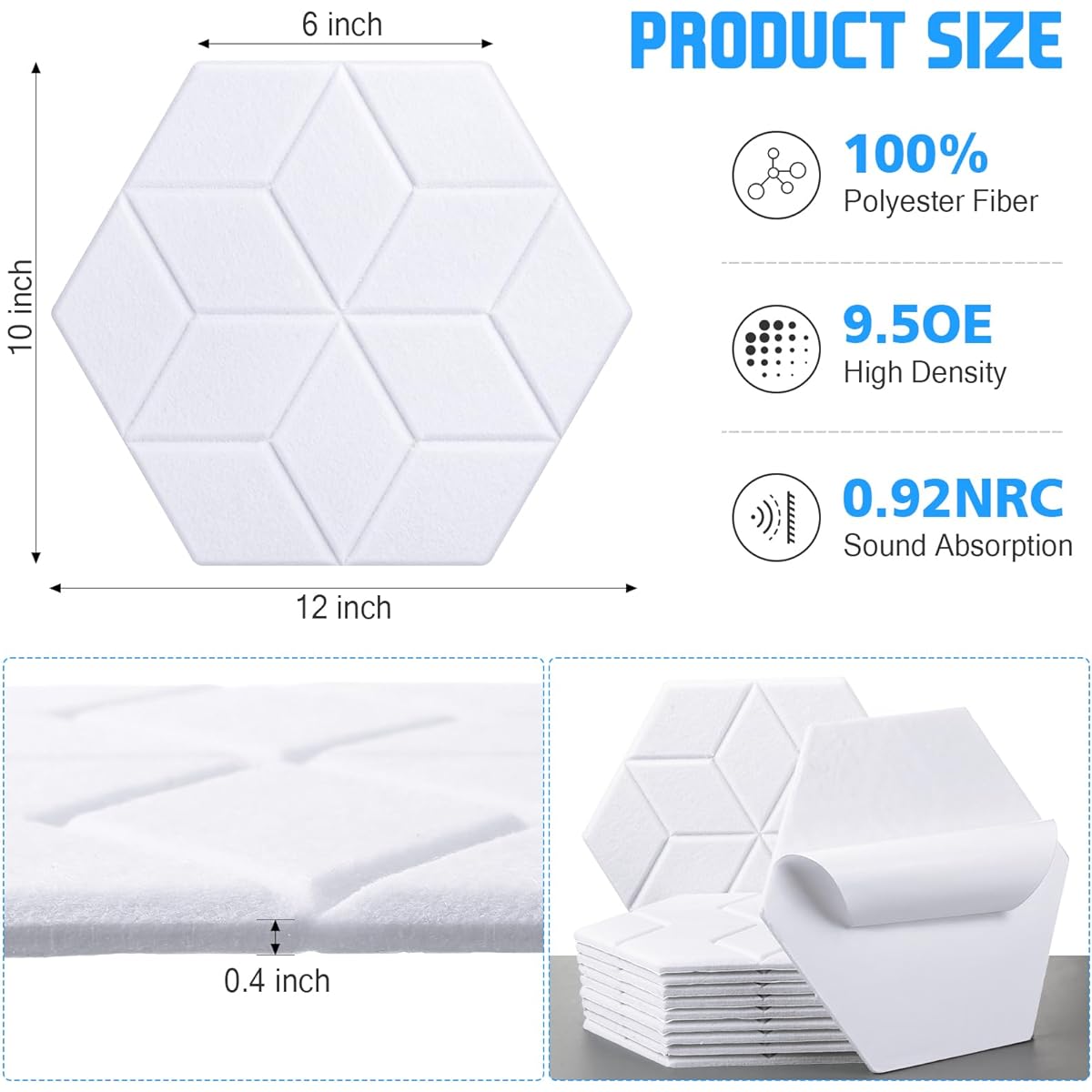 Hanaive 36 Pieces Hexagonal Acoustic Panels 12 x 10 x 0.4 Inch Soundproof Absorption Damping Wall Panel White Noise Canceling Panel Tile Pad for Studio Recording Room Office Home