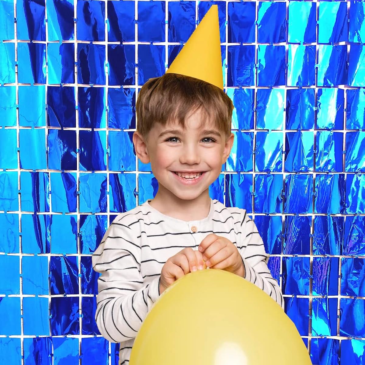 Blue Backdrop Party Decorations Metallic Square Blue Foil Fringe Curtains Photo Booth Props for Birthday Graduation Bachelorette Wedding Engagement Bridal Shower Baby Shower Party Decorations - 2 Pack
