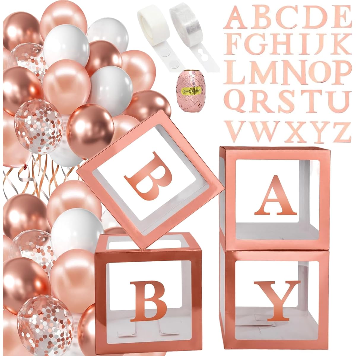 105pcs Rose Gold Balloon Garland with 4 Balloon Boxes and 52 A-Z Letters Party Supplies Rose Gold Balloon Arch Kit for Bridal Shower Wedding Anniversary Bachelorette Birthday Party Decorations