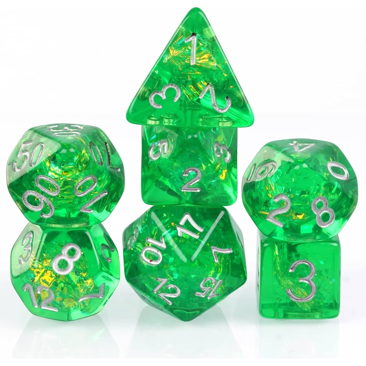 UDIXI Polyhedral DND Dice Set 7die D&D Dice for Dungeons and Dragons MTG Pathfinder Board Game Green with Silver Numbers