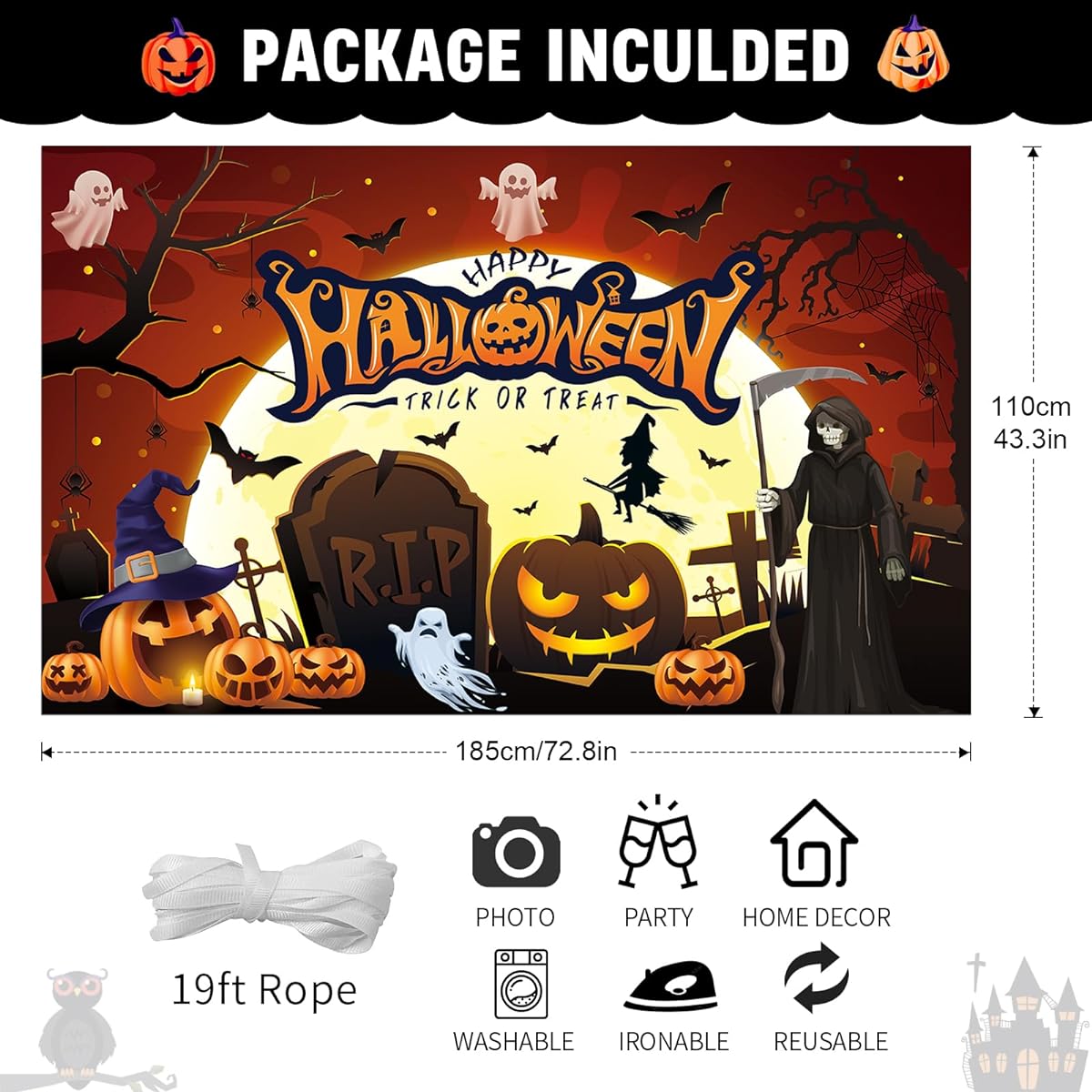 Halloween Banner Happy Halloween Trick or Treat Backdrop Banner Decoration Extra Large Full Moon Pumpkin Tombstone Scary Halloween Background Photo Sign Halloween Party for Indoor Outdoor Wall